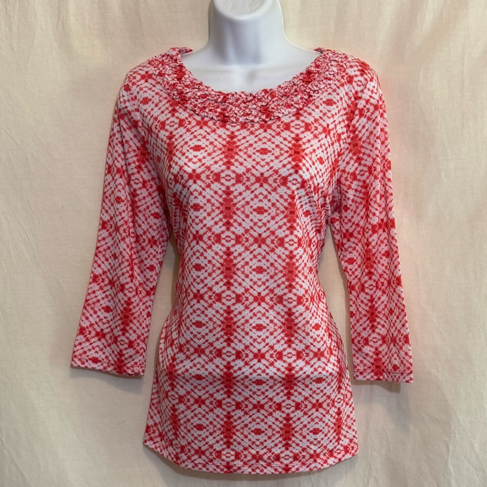 F-147 Kim Rogers Pink & White Ruffle Trim 1/2 Sleeve Pullover Blouse Size MP